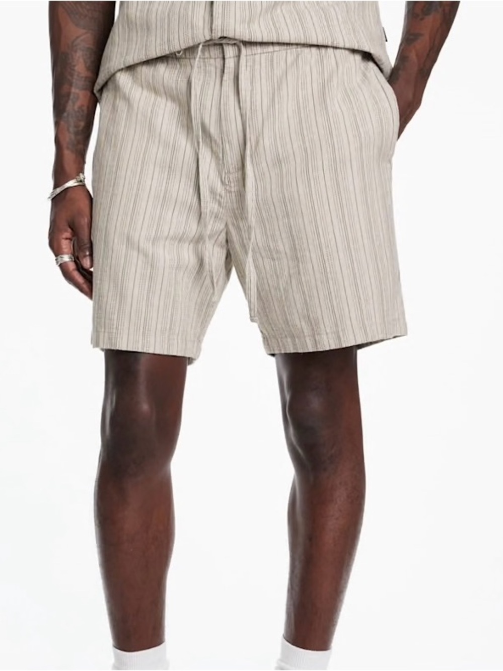NWT John Varvatos Daryl Shorts 38 Tan Khaki 6" Men's Casual Drawstring Striped